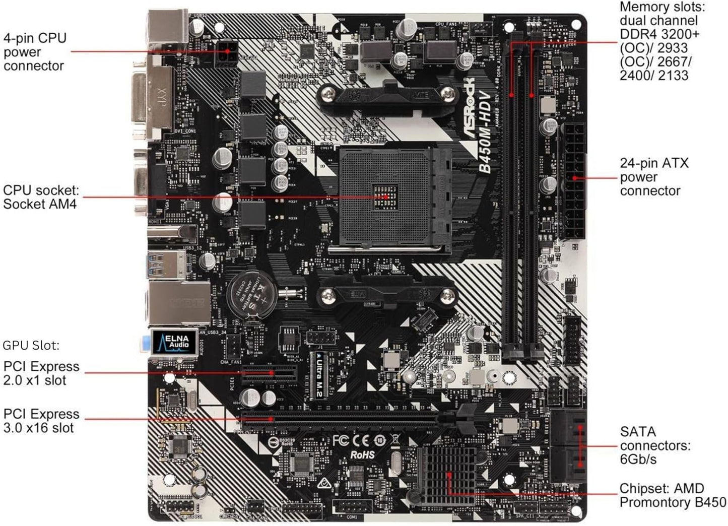 B450M-HDV R4.0 AMD B450 AM4 Socket Ryzen 2000 - 5000 Processors DDR4 3200 64GB HDMI DVI-D D-Sub Motherboard SATA 6Gb/S Micro ATX M.2