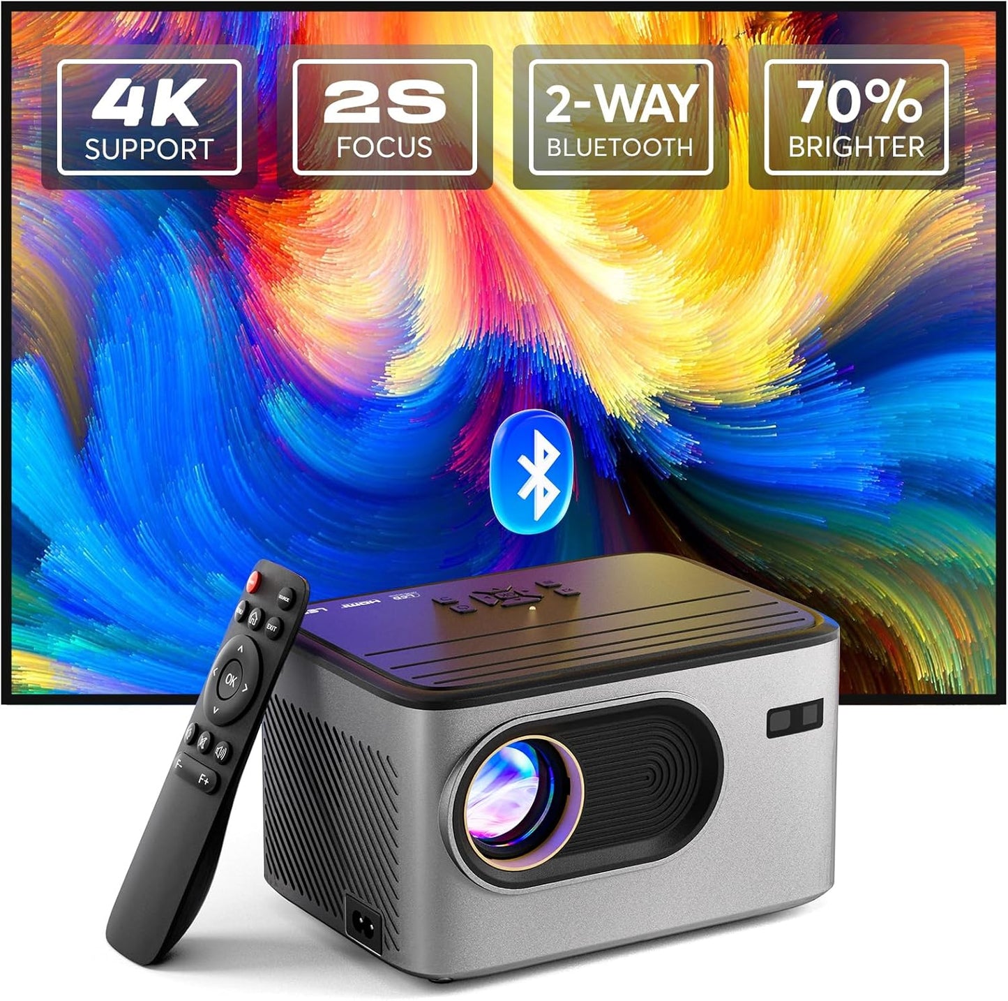 [2S Focus with Remote]  4K Projector, Native 1080P Bluetooth Projector, Portable Outdoor Movie Projector, Mini Projector for Home Theater, Compatible with Smartphone,Hdmi,Usb,Tv Stick