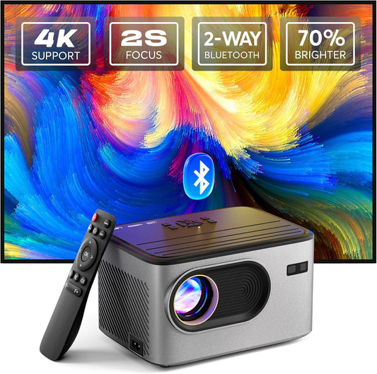 [2S Focus with Remote]  4K Projector, Native 1080P Bluetooth Projector, Portable Outdoor Movie Projector, Mini Projector for Home Theater, Compatible with Smartphone,Hdmi,Usb,Tv Stick