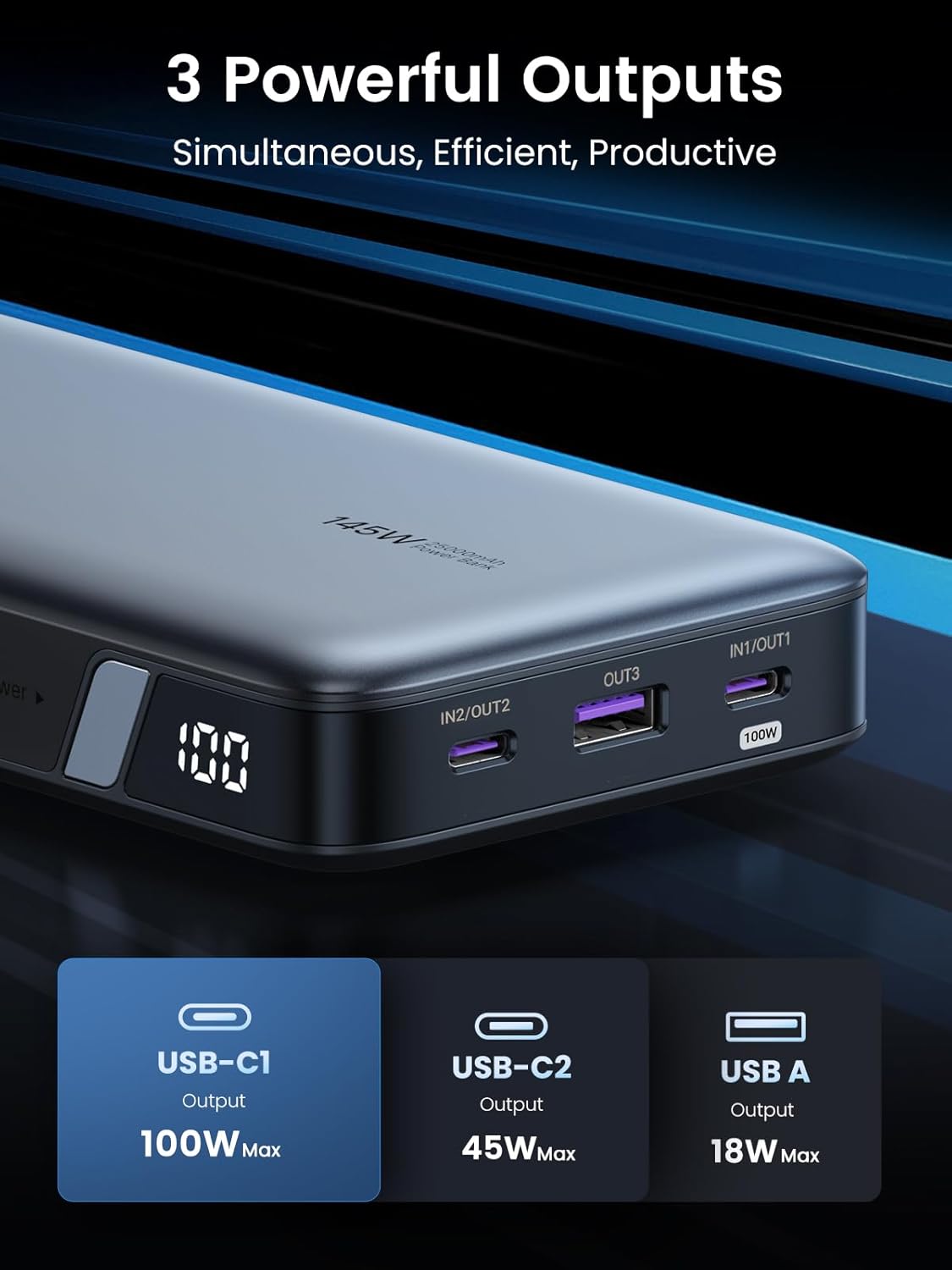 Power Bank 25,000Mah 145W Laptop Portable Charger, Nexode 3-Port USB C PD Battery Pack, for Macbook Pro/Air, Dell XPS, Iphone 16/15/14, Galaxy S24, Steam Deck, Ipad, and More