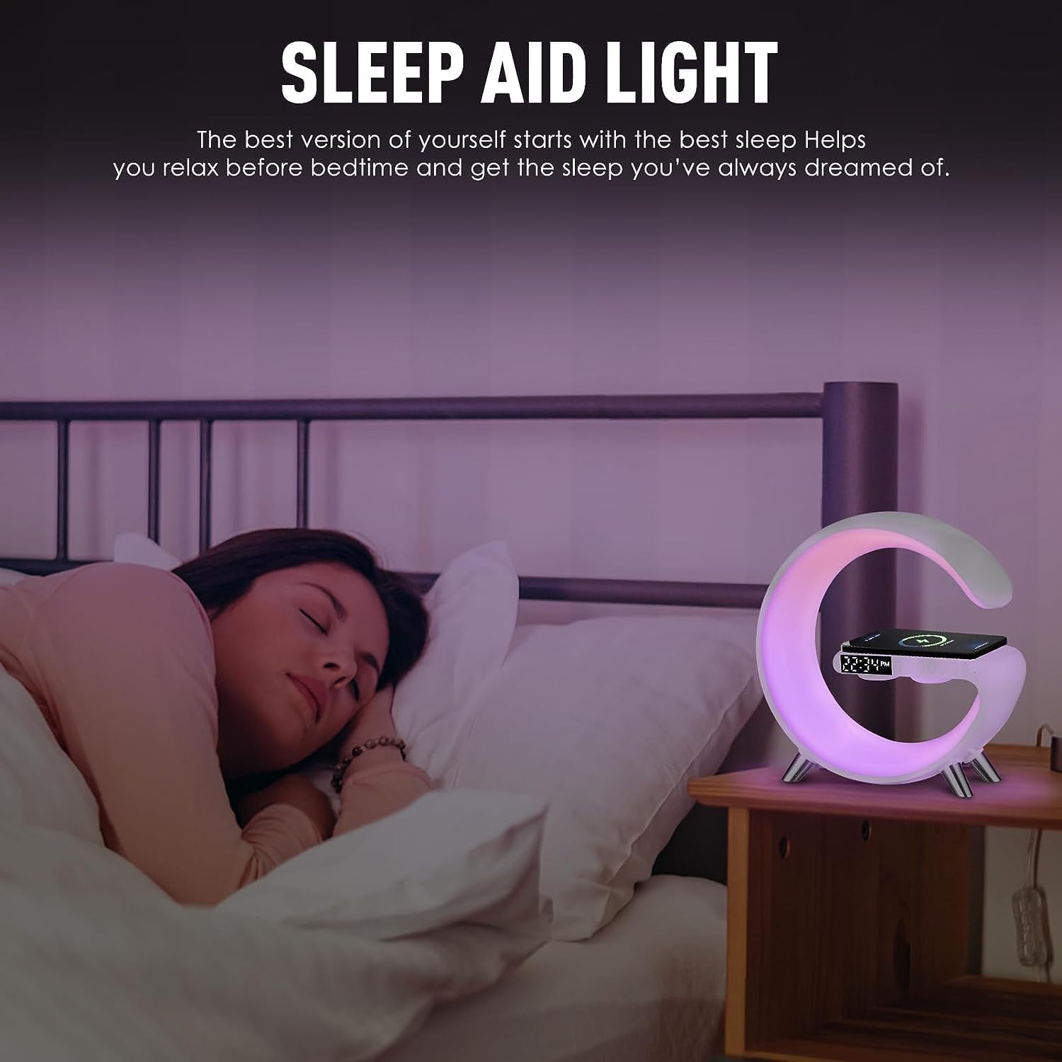 Smart LED Table Lamp, 4-In-1 Wireless Charger, Night Light, Alarm Clock, and Bluetooth Speaker with App Control for Bedroom, Office, and Home Decor (White)
