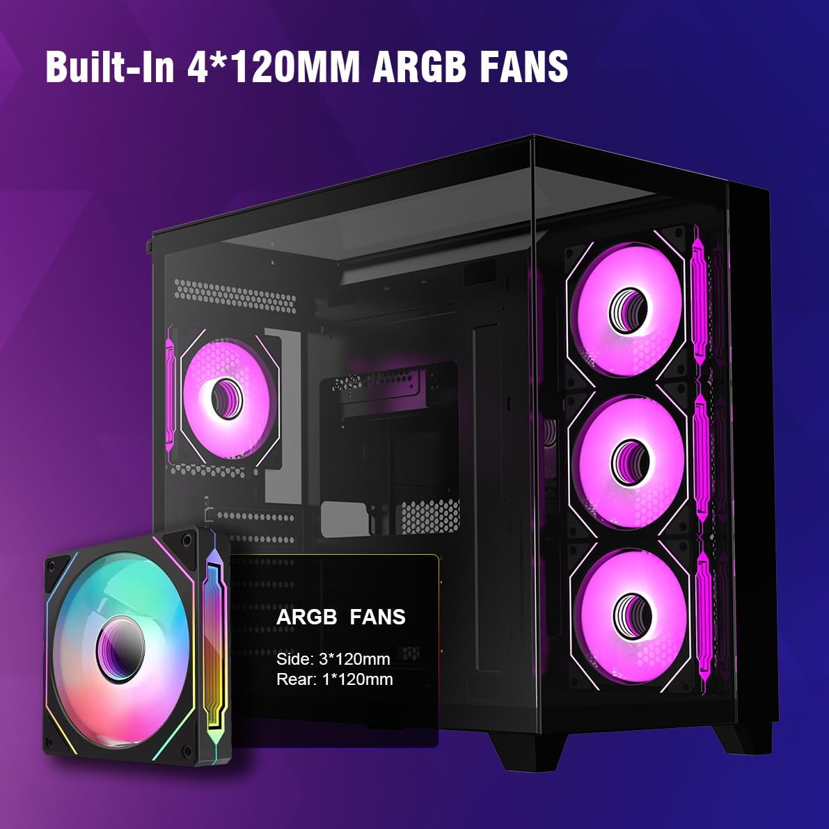 OV403 ATX Mid-Tower PC Case, Pre-Installed 4 X 120Mm Prism ARGB PWM Fans and Graphics Card Holder, Three-Sided Tempered Glass Panels, USB 3.0 & Type-C Ports, Gaming Computer Case - Black