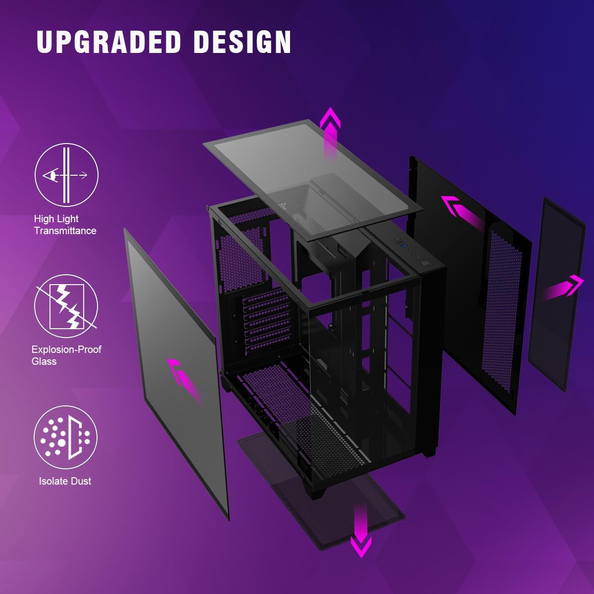 OV403 ATX Mid-Tower PC Case, Pre-Installed 4 X 120Mm Prism ARGB PWM Fans and Graphics Card Holder, Three-Sided Tempered Glass Panels, USB 3.0 & Type-C Ports, Gaming Computer Case - Black