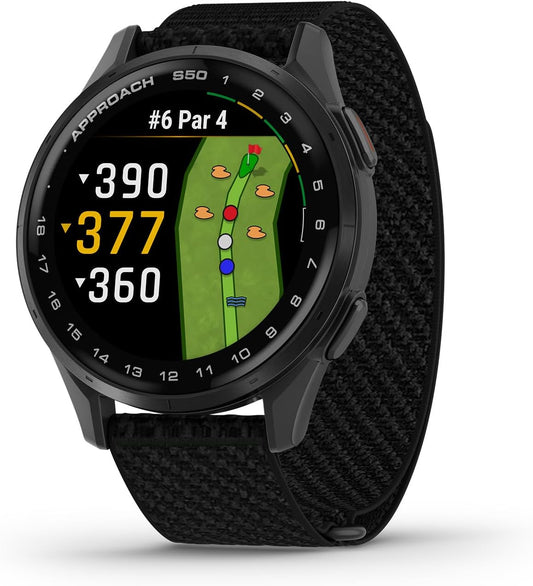 Approach® S50, Advanced Golf GPS Smartwatch, AMOLED Display, On-Course Features, Wrist-Based Heart Rate, Slate Aluminum Bezel with Black Comfortfit Nylon Band