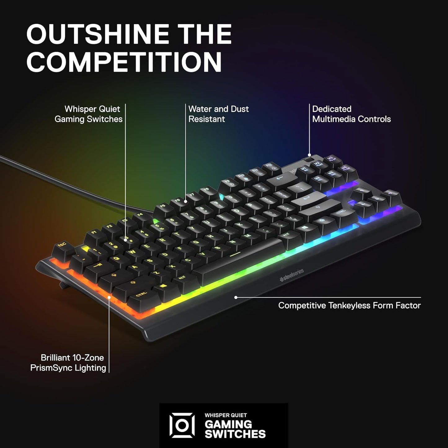 Apex 3 TKL RGB Gaming Keyboard – Tenkeyless Compact Form Factor - 8-Zone RGB Illumination – IP32 Water & Dust Resistant – Whisper Quiet Gaming Switch – Gaming Grade Anti-Ghosting,Black