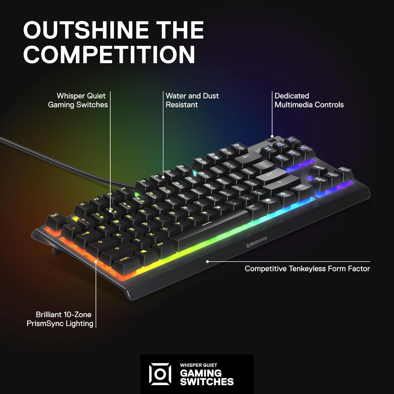 Apex 3 TKL RGB Gaming Keyboard – Tenkeyless Compact Form Factor - 8-Zone RGB Illumination – IP32 Water & Dust Resistant – Whisper Quiet Gaming Switch – Gaming Grade Anti-Ghosting,Black