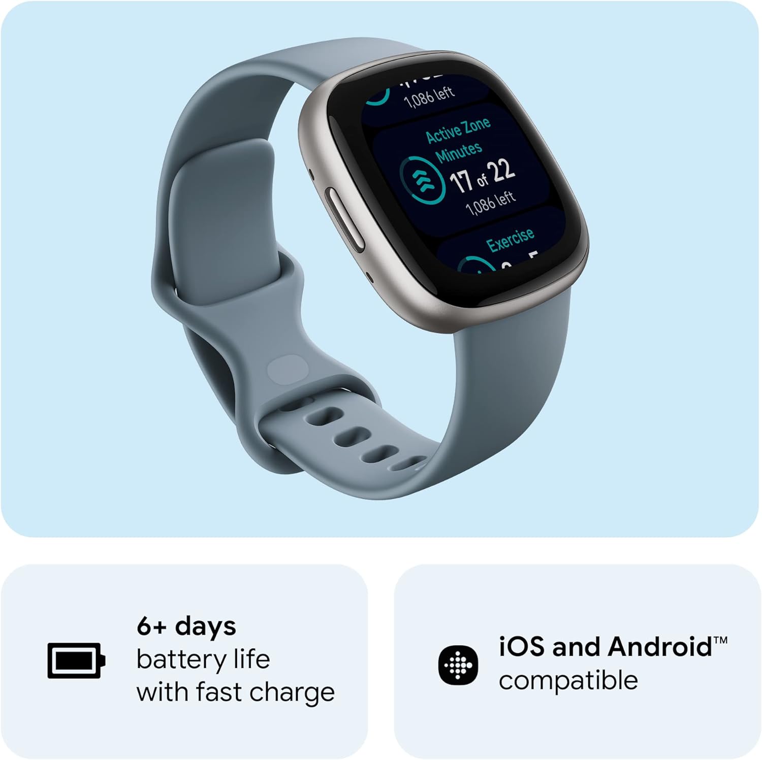 Versa 4 Fitness Smartwatch with Daily Readiness, GPS, 24/7 Heart Rate, 40+ Exercise Modes, Sleep Tracking and More, Waterfall Blue/Platinum, One Size (S & L Bands Included)