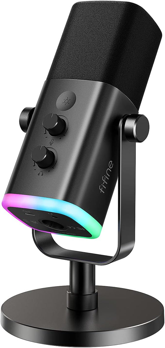 USB/XLR Dynamic Microphone for Podcast Recording, PC Computer Gaming Streaming Mic with RGB Light, Mute Button, Headphones Jack, Desktop Stand, Vocal Mic for Singing Youtube-Ampligame AM8