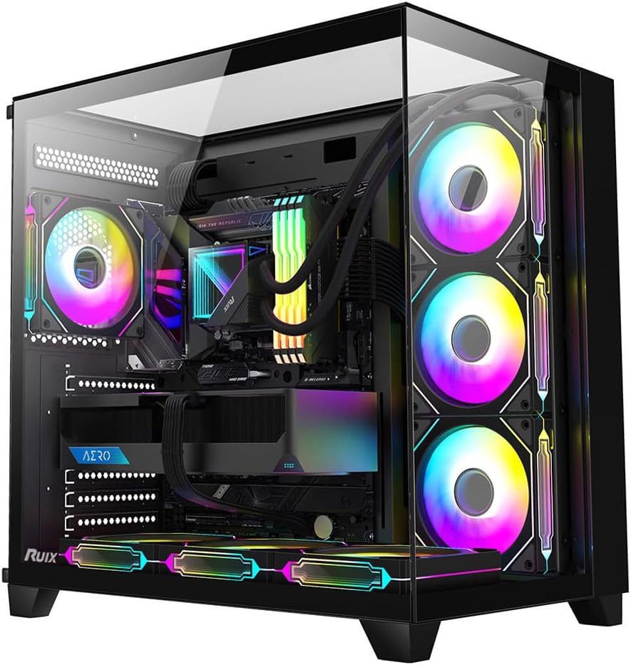 OV403 ATX Mid-Tower PC Case, Pre-Installed 4 X 120Mm Prism ARGB PWM Fans and Graphics Card Holder, Three-Sided Tempered Glass Panels, USB 3.0 & Type-C Ports, Gaming Computer Case - Black