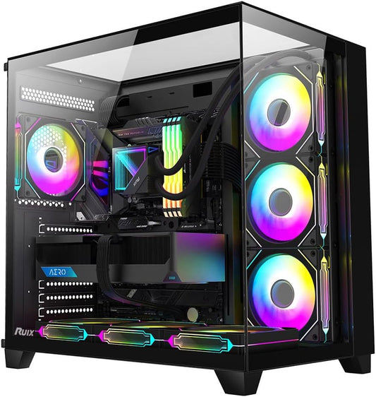 OV403 ATX Mid-Tower PC Case, Pre-Installed 4 X 120Mm Prism ARGB PWM Fans and Graphics Card Holder, Three-Sided Tempered Glass Panels, USB 3.0 & Type-C Ports, Gaming Computer Case - Black
