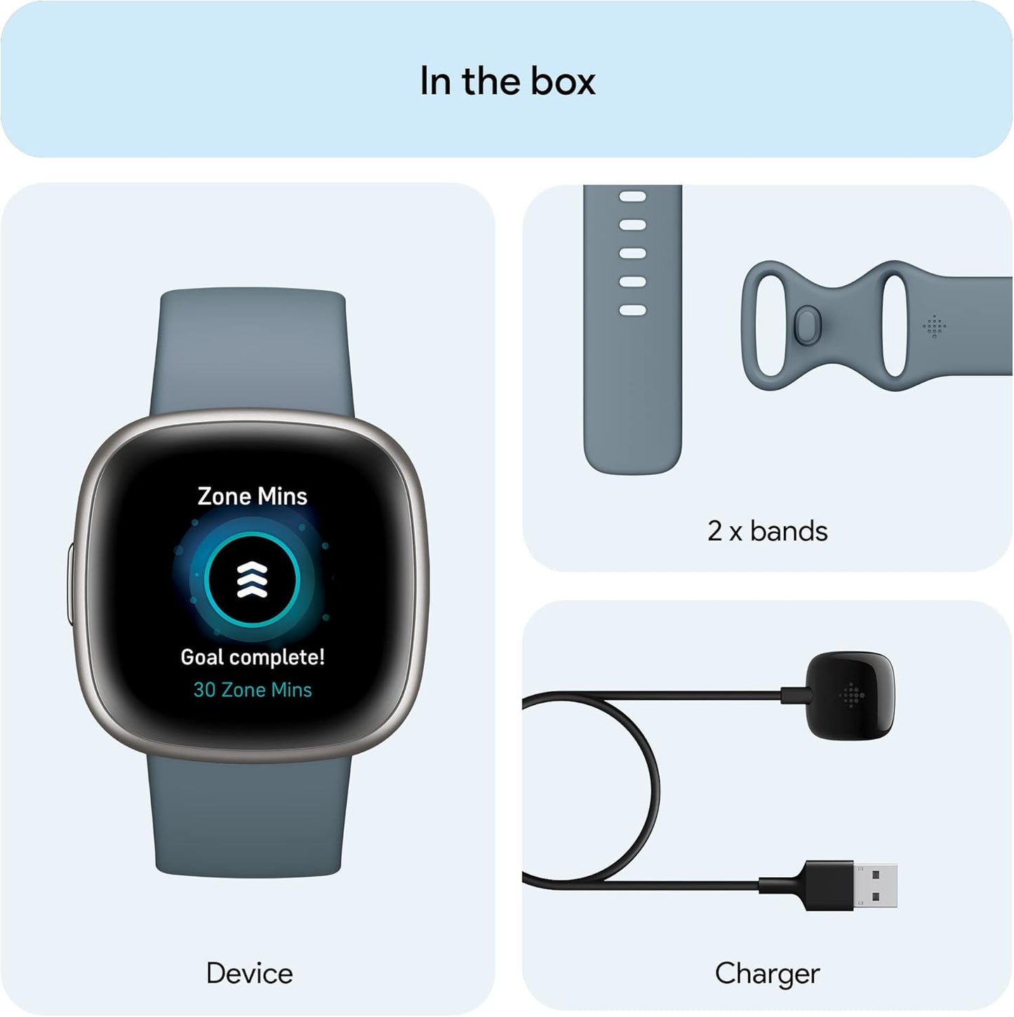 Versa 4 Fitness Smartwatch with Daily Readiness, GPS, 24/7 Heart Rate, 40+ Exercise Modes, Sleep Tracking and More, Waterfall Blue/Platinum, One Size (S & L Bands Included)