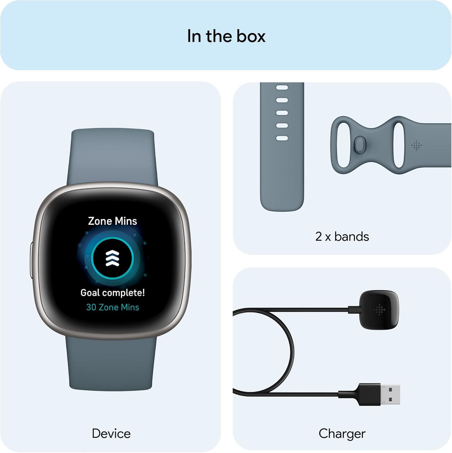 Versa 4 Fitness Smartwatch with Daily Readiness, GPS, 24/7 Heart Rate, 40+ Exercise Modes, Sleep Tracking and More, Waterfall Blue/Platinum, One Size (S & L Bands Included)