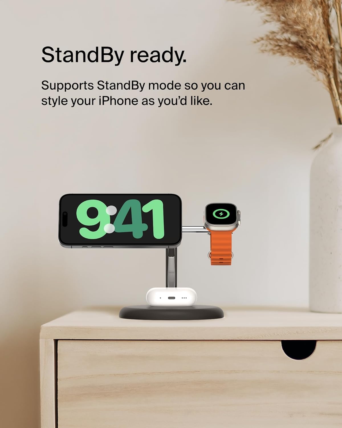 Magsafe-Compatible 3-In-1 Wireless Charger Stand 15W - Qi2-Certified Wireless Charging Station, Fast Charging of Iphone 16, Airpods, & Apple Watch - 36W Included - Black