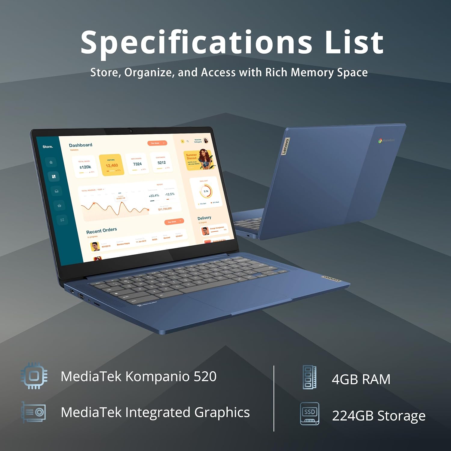 Ideapad Slim 3 Chromebook, 14″ FHD IPS Anti-Glare Touchscreen, Mediatek Kompanio 520, 4GB LPDDR4X, 224GB Storage(64Gb Emmc+160Gb Docking Station Set), Webcam, Wifi 6, Chrome OS, Blue