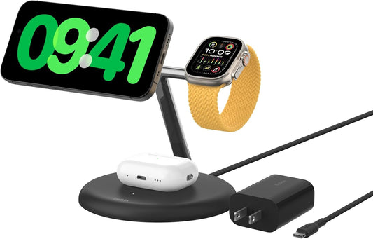 Magsafe-Compatible 3-In-1 Wireless Charger Stand 15W - Qi2-Certified Wireless Charging Station, Fast Charging of Iphone 16, Airpods, & Apple Watch - 36W Included - Black