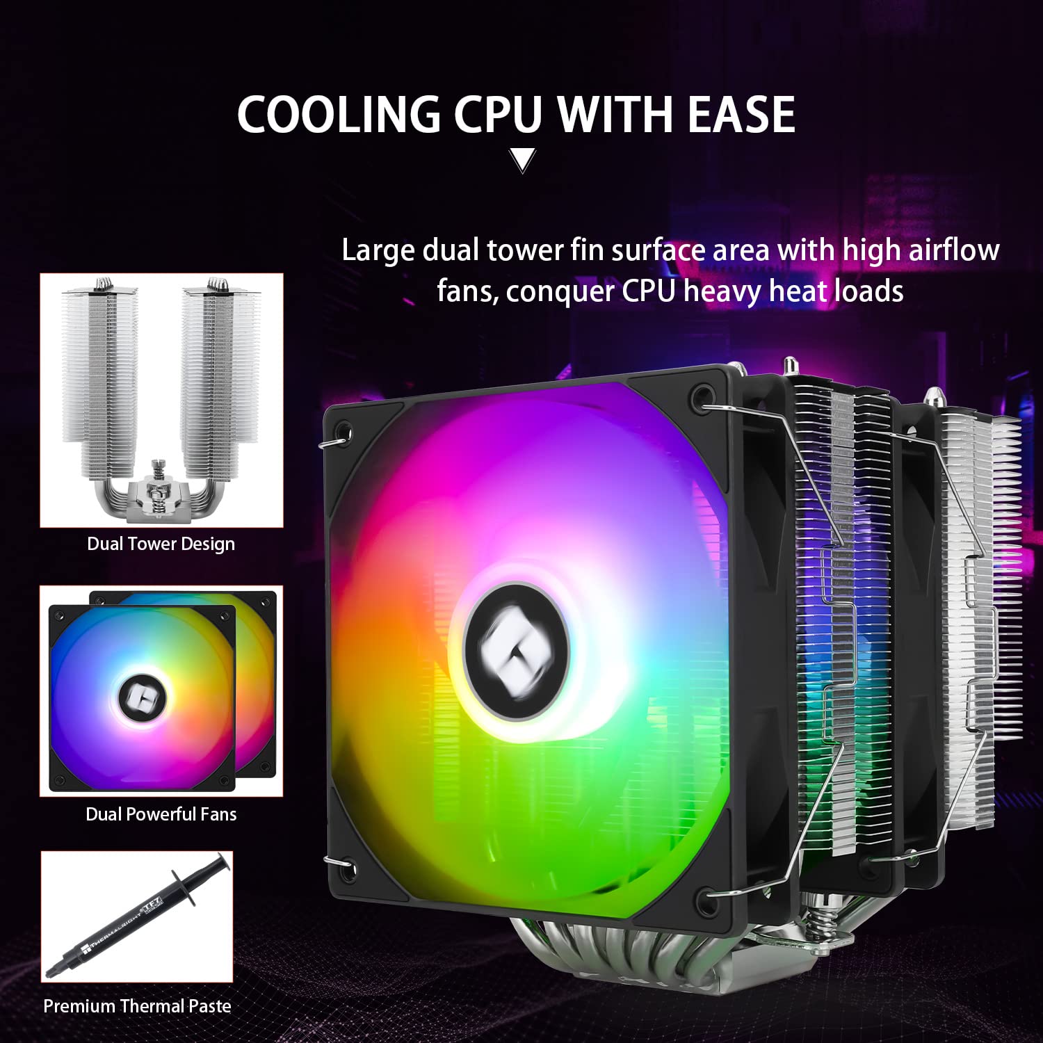 PS120SE ARGB CPU Air Cooler, 7 Heat Pipes CPU Cooler,Dual 120Mm TL-C12B-S V2 PWM Fan, AGHP 4.0 Technilogy, S-FDB Bearing, for AMD AM4 Am5/Intel 1700/1150/1151/1200, PC Cooler