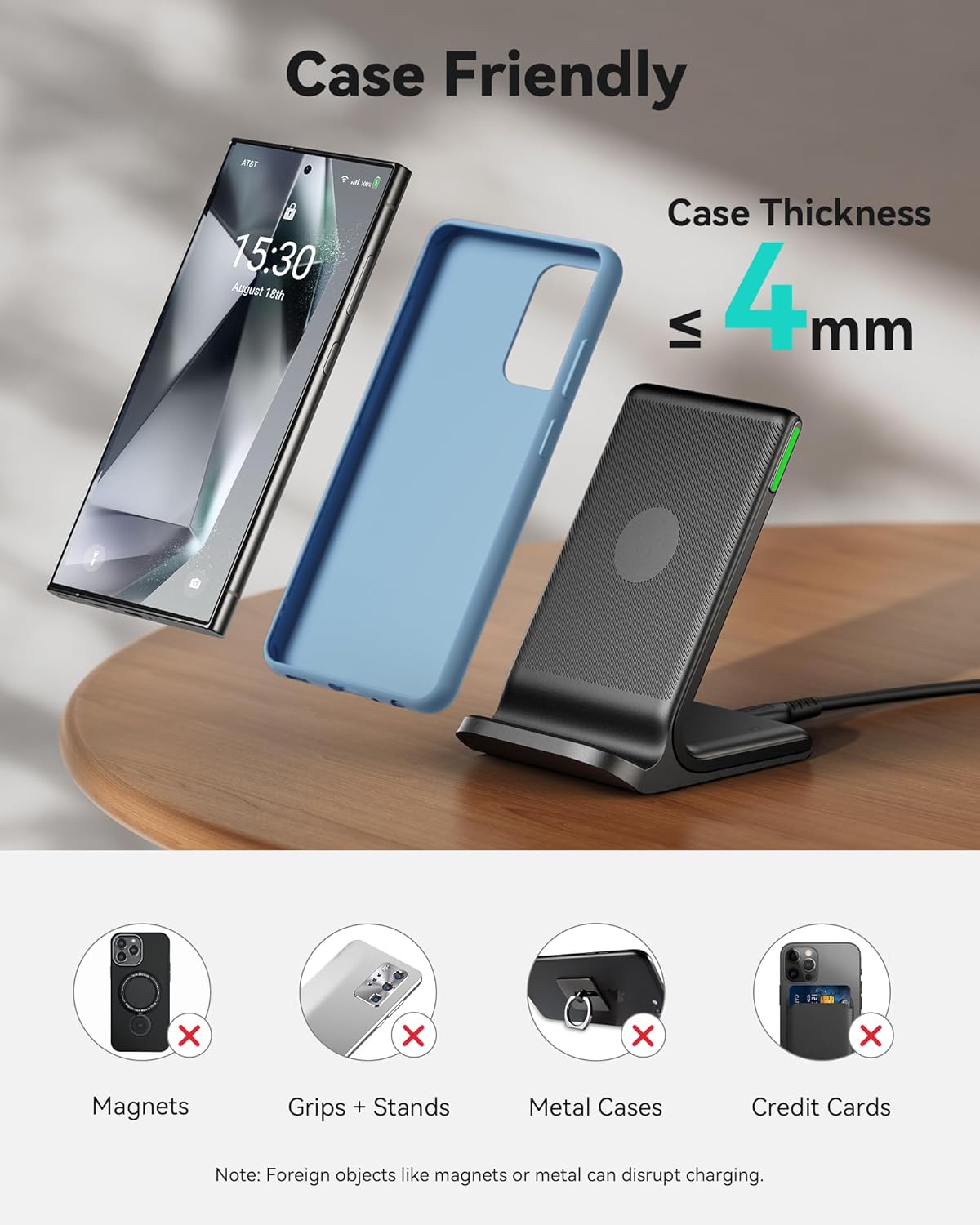 Wireless Charger, 15W Fast Qi Certified Wireless Charging Station with Sleep-Friendly Adaptive Light Compatible with Iphone 16 15 14 13 Pro XS 8 plus Samsung Galaxy S25 S24 S23 Note 20 Google Etc