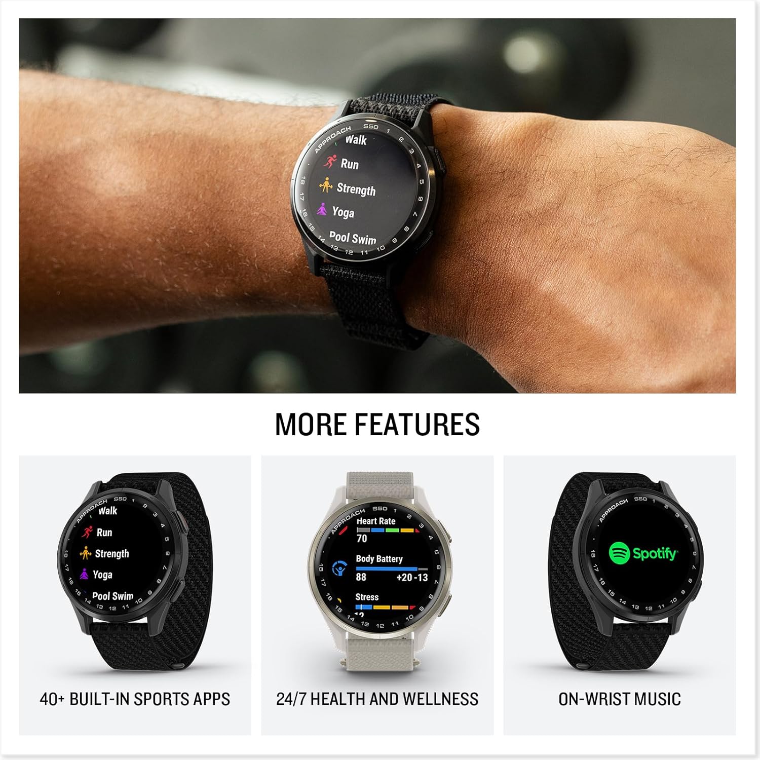 Approach® S50, Advanced Golf GPS Smartwatch, AMOLED Display, On-Course Features, Wrist-Based Heart Rate, Slate Aluminum Bezel with Black Comfortfit Nylon Band