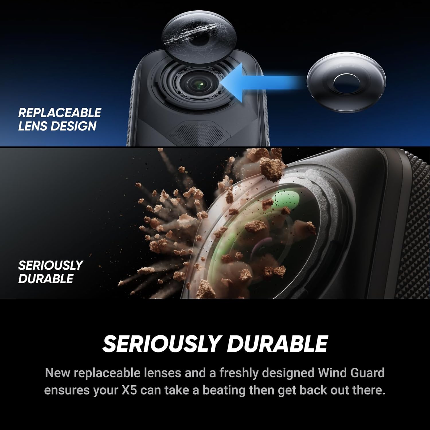 X5 - Waterproof 8K 360° Action Camera, Leading Low Light, Invisible Selfie Stick Effect, Rugged and Replaceable Lens, 3-Hour Battery, Built-In Wind Guard, Stabilization, Triple AI Chip Design
