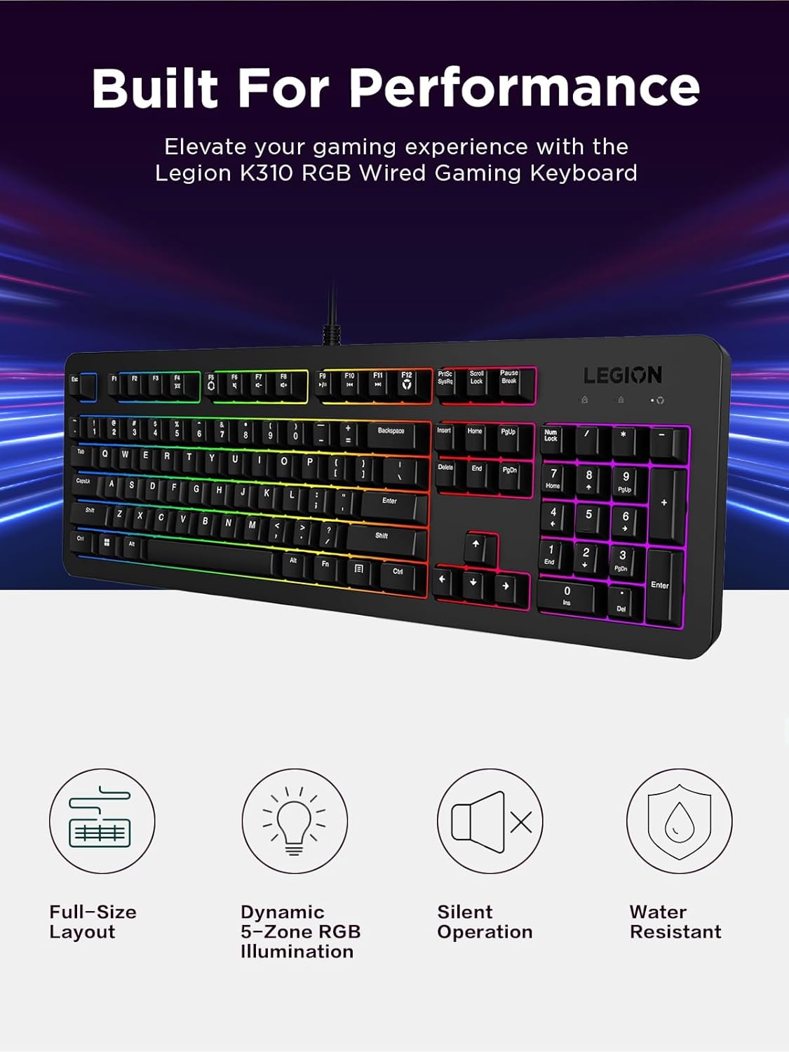 Legion K310 RGB Wired Gaming Keyboard - Ultra-Fast Reaction Time with Tactile Keys, Quiet Key Membrane Switches, Silent Operation, RGB Illumination - Water Resistant & Compact Design