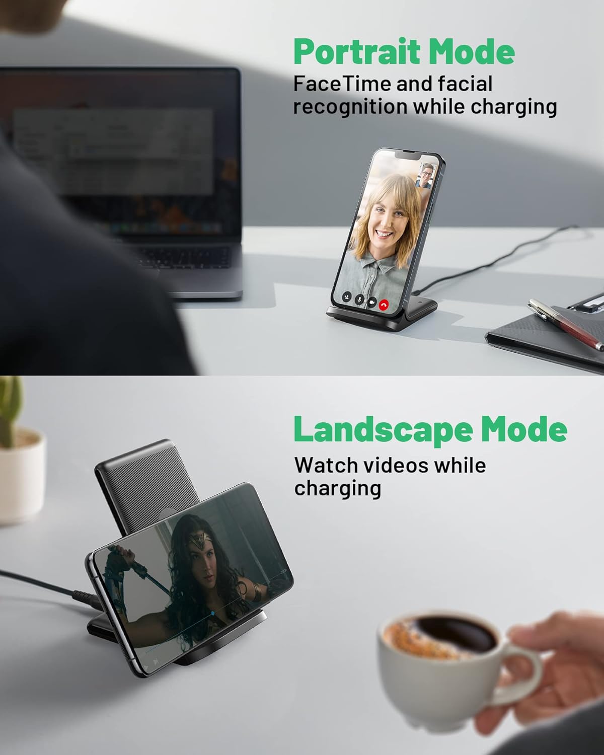 Wireless Charger, 15W Fast Qi Certified Wireless Charging Station with Sleep-Friendly Adaptive Light Compatible with Iphone 16 15 14 13 Pro XS 8 plus Samsung Galaxy S25 S24 S23 Note 20 Google Etc