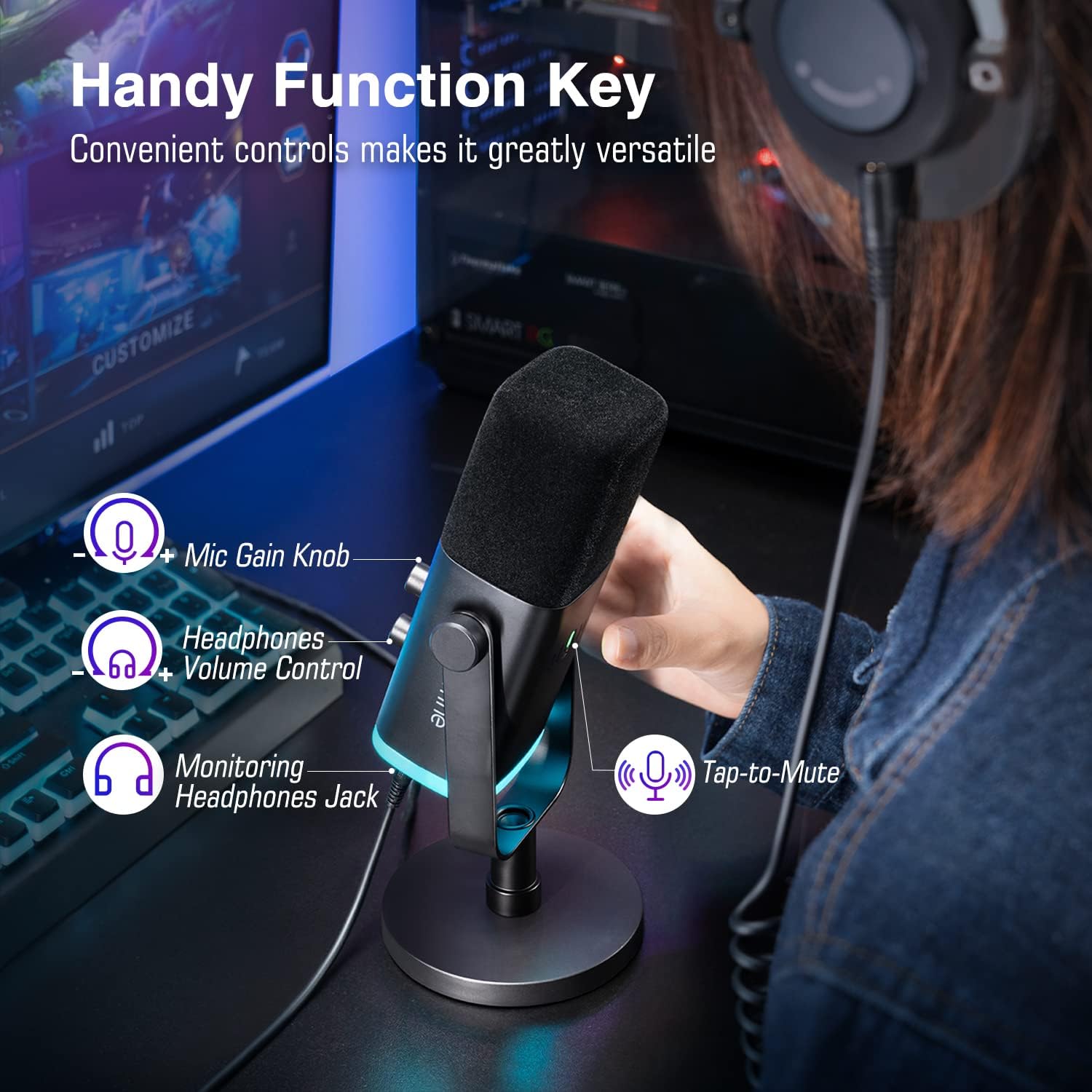 USB/XLR Dynamic Microphone for Podcast Recording, PC Computer Gaming Streaming Mic with RGB Light, Mute Button, Headphones Jack, Desktop Stand, Vocal Mic for Singing Youtube-Ampligame AM8