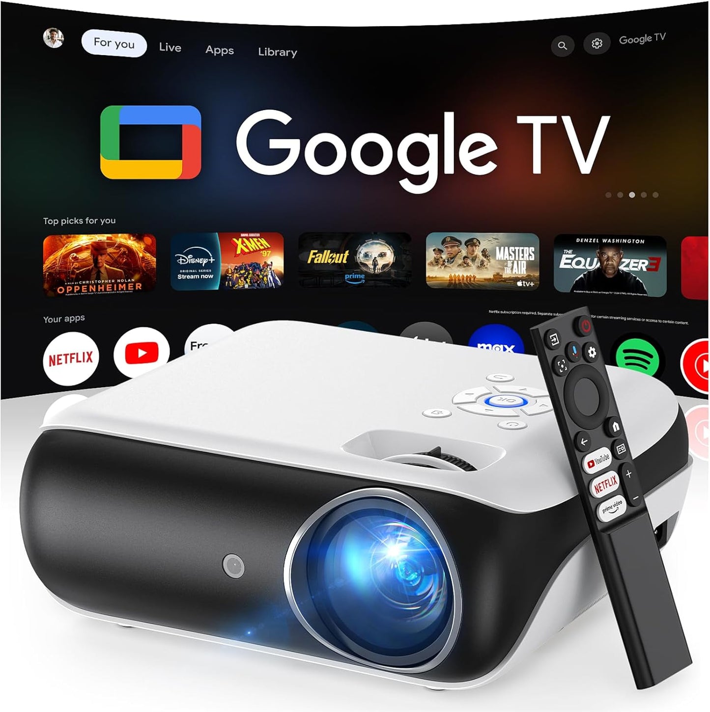 Official Google TV Smart Projector,  4K UHD Home Theater with Dolby Sound, Wi-Fi & Bluetooth, Built-In Streaming Apps, Compatible with Games Consoles & Smartphone, Indoor & Outdoor Use