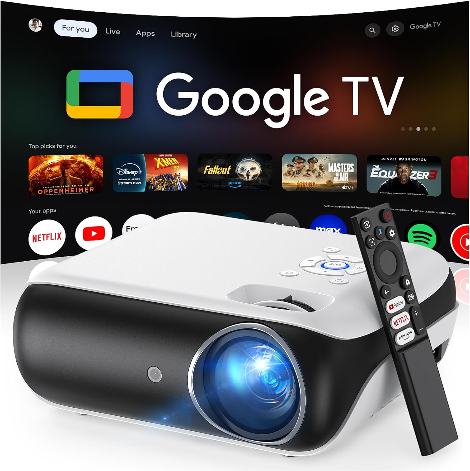 Official Google TV Smart Projector,  4K UHD Home Theater with Dolby Sound, Wi-Fi & Bluetooth, Built-In Streaming Apps, Compatible with Games Consoles & Smartphone, Indoor & Outdoor Use