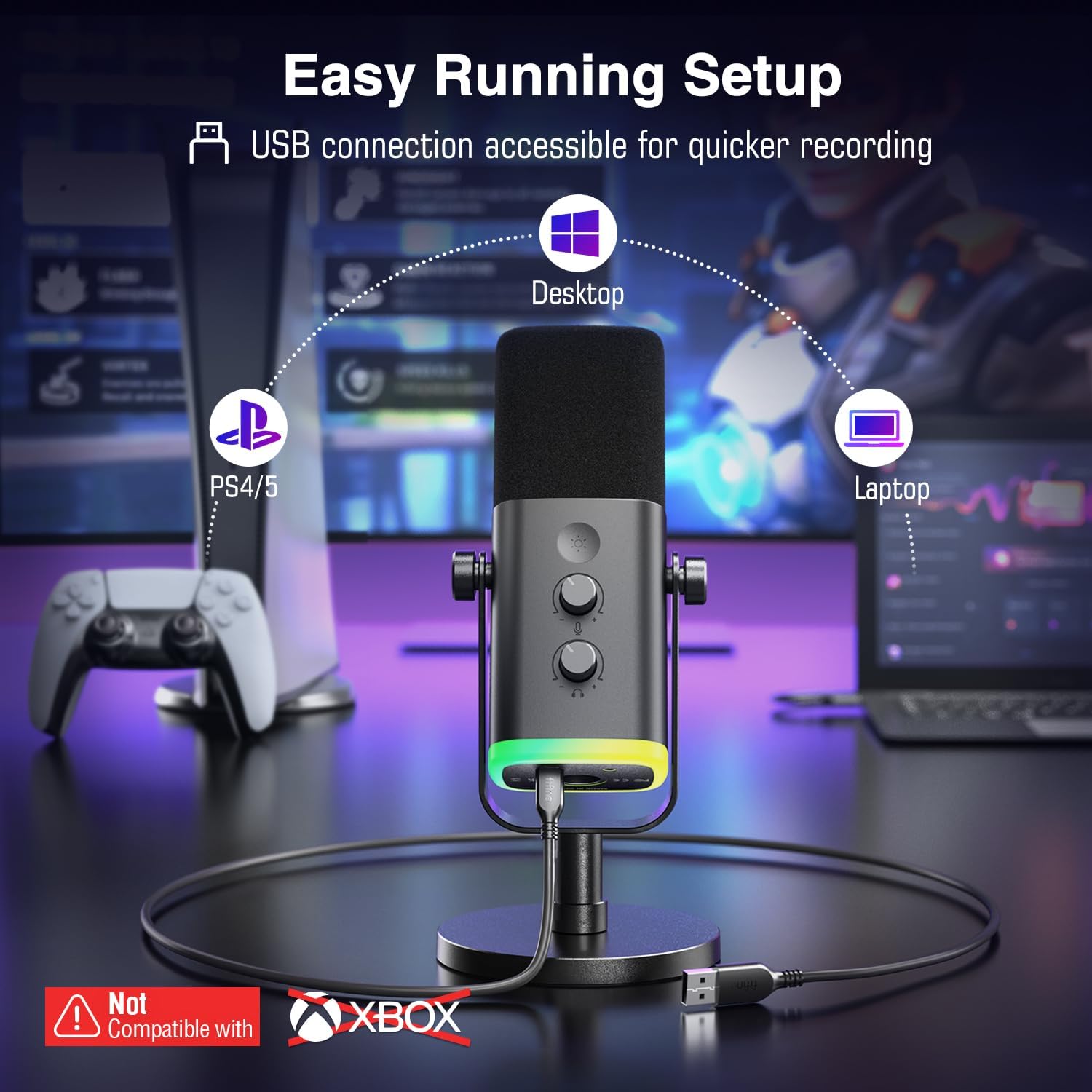 USB/XLR Dynamic Microphone for Podcast Recording, PC Computer Gaming Streaming Mic with RGB Light, Mute Button, Headphones Jack, Desktop Stand, Vocal Mic for Singing Youtube-Ampligame AM8