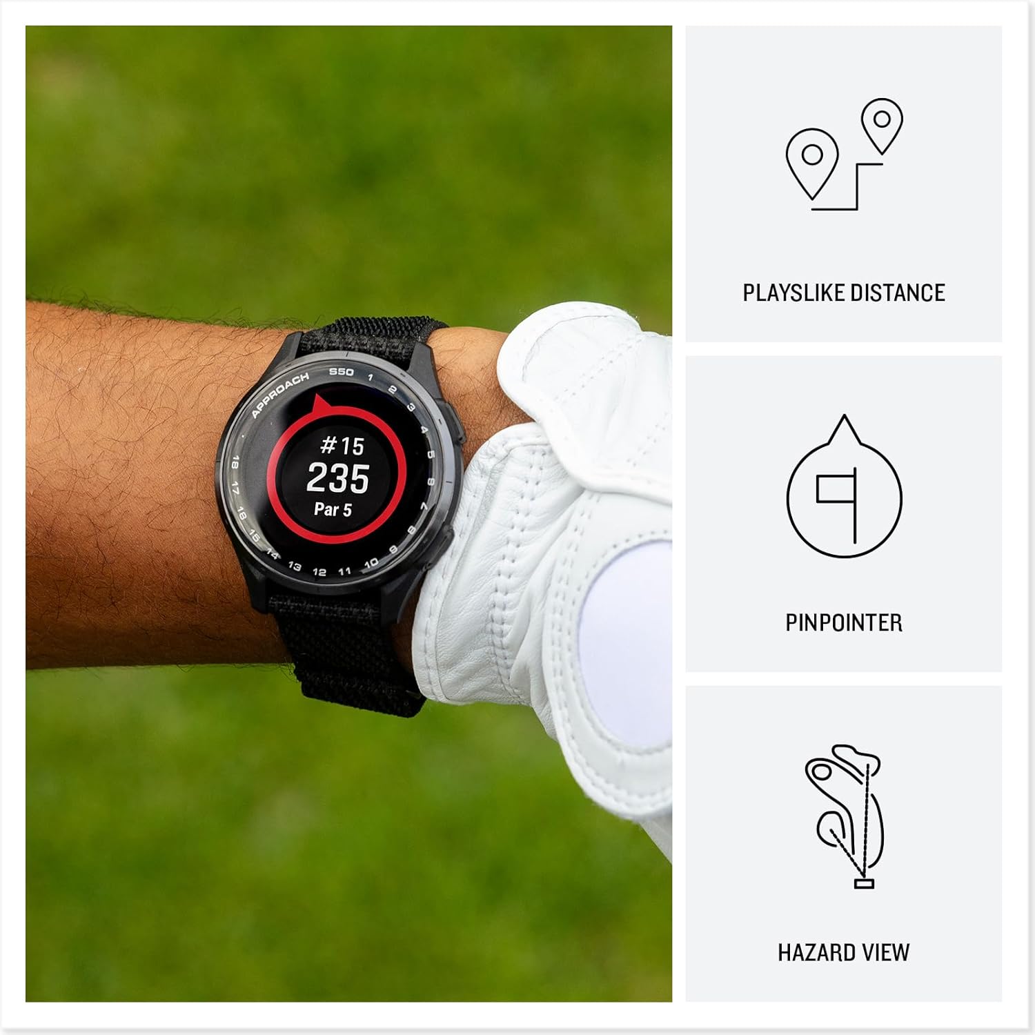 Approach® S50, Advanced Golf GPS Smartwatch, AMOLED Display, On-Course Features, Wrist-Based Heart Rate, Slate Aluminum Bezel with Black Comfortfit Nylon Band