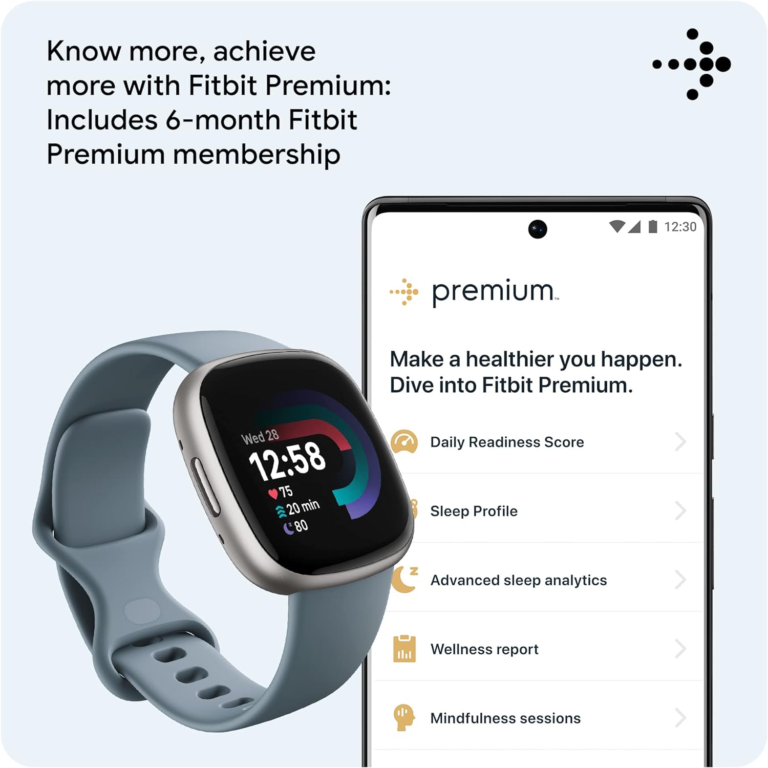 Versa 4 Fitness Smartwatch with Daily Readiness, GPS, 24/7 Heart Rate, 40+ Exercise Modes, Sleep Tracking and More, Waterfall Blue/Platinum, One Size (S & L Bands Included)