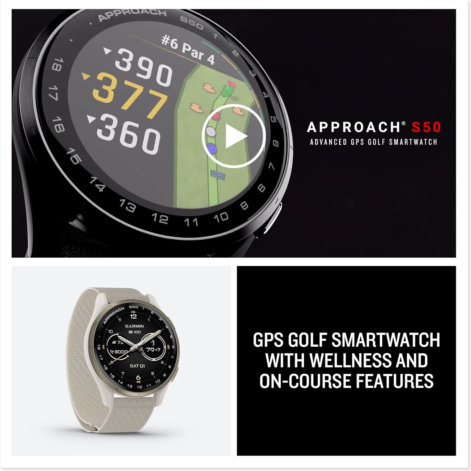 Approach® S50, Advanced Golf GPS Smartwatch, AMOLED Display, On-Course Features, Wrist-Based Heart Rate, Slate Aluminum Bezel with Black Comfortfit Nylon Band