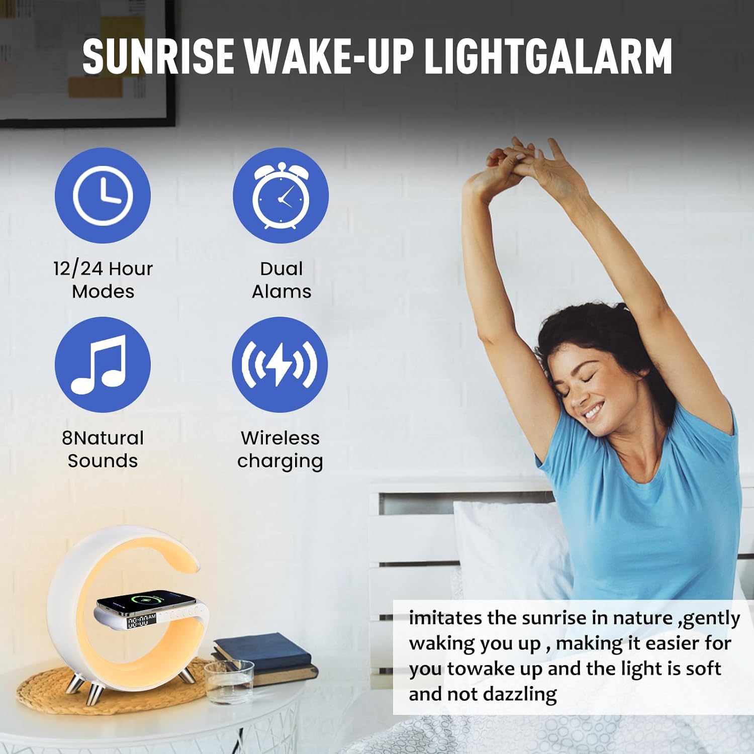 Smart LED Table Lamp, 4-In-1 Wireless Charger, Night Light, Alarm Clock, and Bluetooth Speaker with App Control for Bedroom, Office, and Home Decor (White)