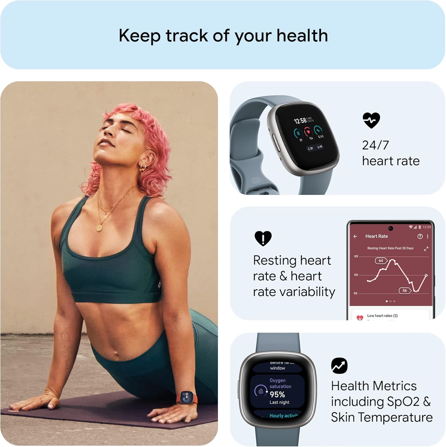 Versa 4 Fitness Smartwatch with Daily Readiness, GPS, 24/7 Heart Rate, 40+ Exercise Modes, Sleep Tracking and More, Waterfall Blue/Platinum, One Size (S & L Bands Included)