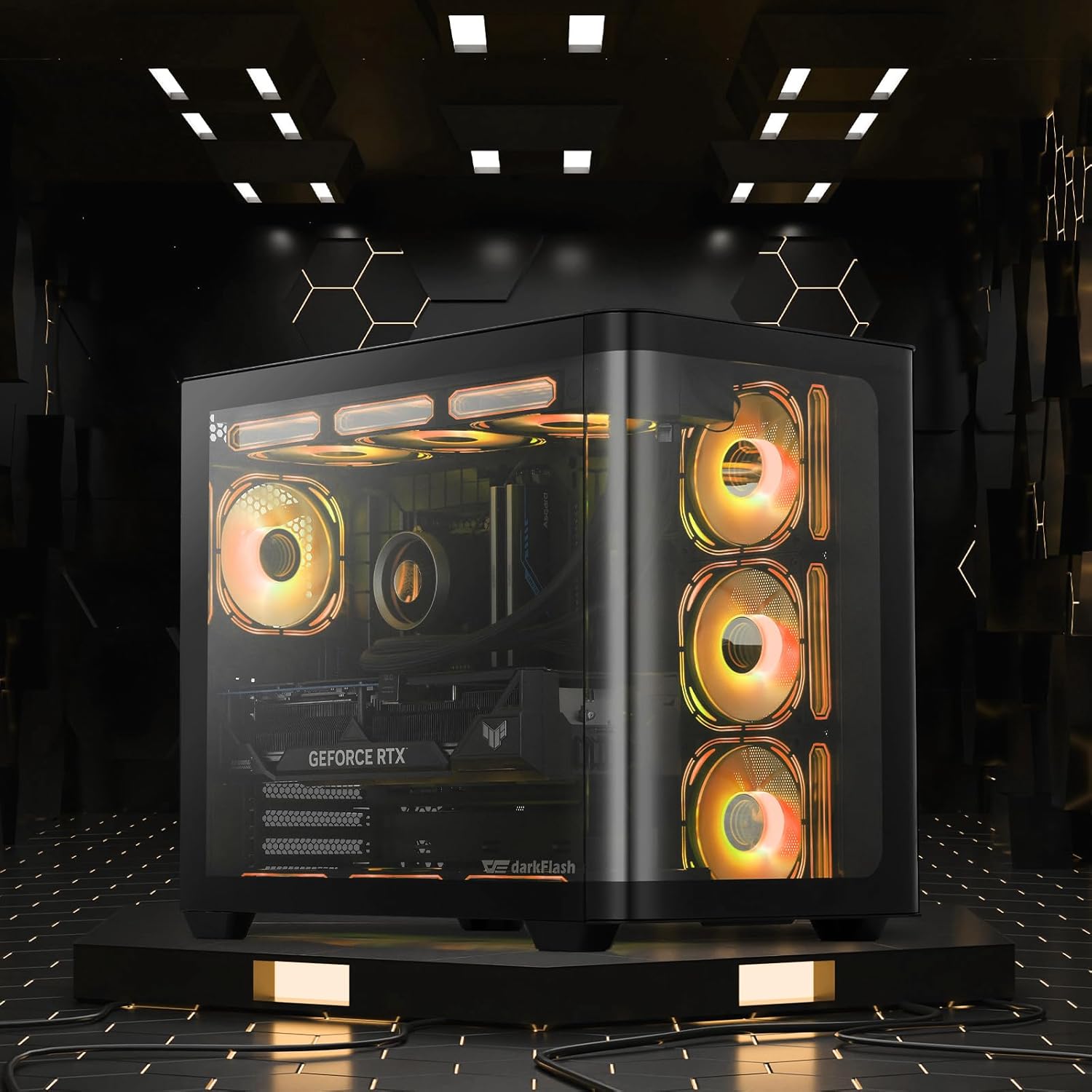 ATX Mid-Tower Gaming PC Case, Back Plug-In BTF Motherboard, with 4 ARGB Fans Computer Case, Full View Curve Glass Dual-Chamber PC Case, Type C Port, Supports Dual 360Mm AIO, Black(Dpw90)
