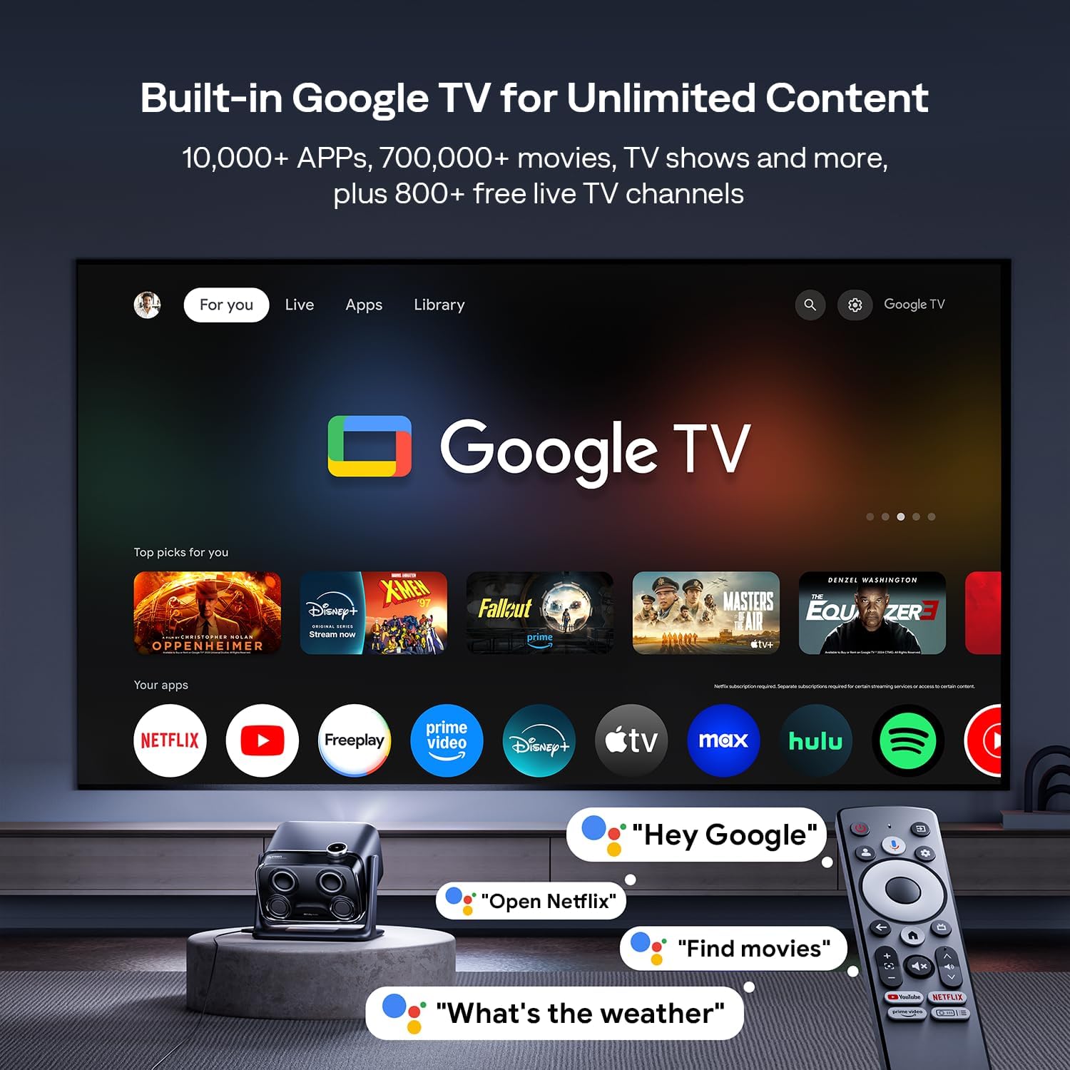 BOOM Mini Google TV Smart Projector with Wifi and Bluetooth, 4K Supported Outdoor & Home Movie Projector with 20W Speakers Doiby Audio, Real-Time Focus & Keystone, 500 ANSI Lumens, Black
