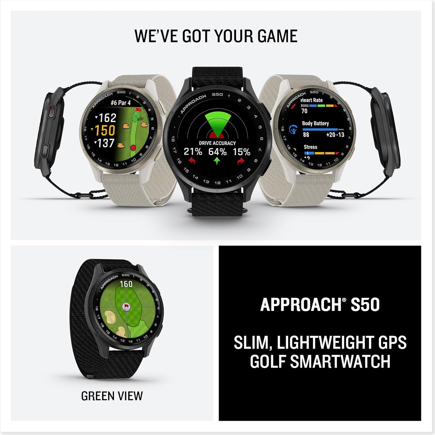 Approach® S50, Advanced Golf GPS Smartwatch, AMOLED Display, On-Course Features, Wrist-Based Heart Rate, Slate Aluminum Bezel with Black Comfortfit Nylon Band