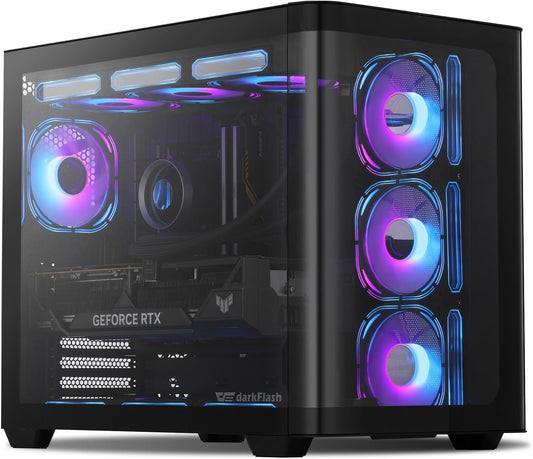 ATX Mid-Tower Gaming PC Case, Back Plug-In BTF Motherboard, with 4 ARGB Fans Computer Case, Full View Curve Glass Dual-Chamber PC Case, Type C Port, Supports Dual 360Mm AIO, Black(Dpw90)