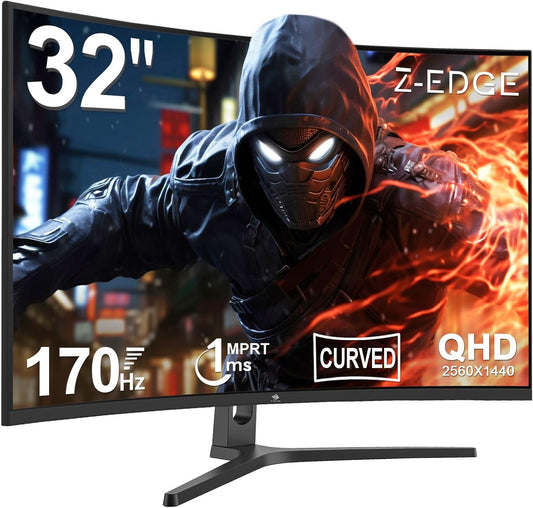 Z-Edge 32 Inch Curved Gaming Monitor, 16:9 QHD 2K 2560X1440 170/144Hz 1Ms Frameless LED Gaming Monitor, AMD Freesync Premium Display Port HDMI