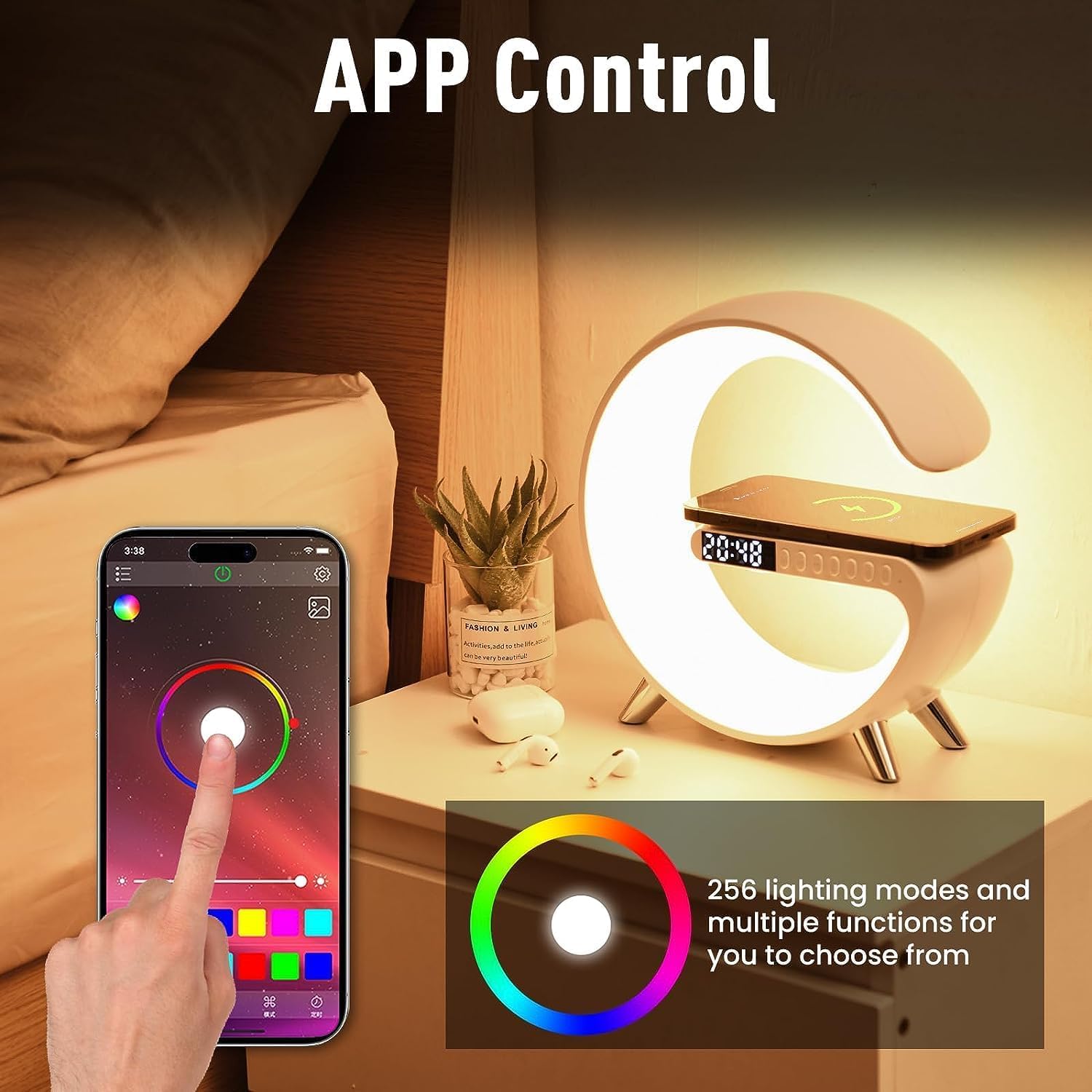 Smart LED Table Lamp, 4-In-1 Wireless Charger, Night Light, Alarm Clock, and Bluetooth Speaker with App Control for Bedroom, Office, and Home Decor (White)