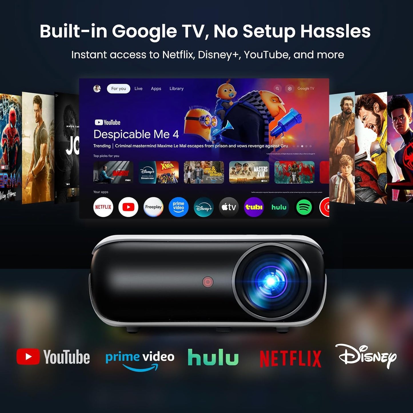 Official Google TV Smart Projector,  4K UHD Home Theater with Dolby Sound, Wi-Fi & Bluetooth, Built-In Streaming Apps, Compatible with Games Consoles & Smartphone, Indoor & Outdoor Use
