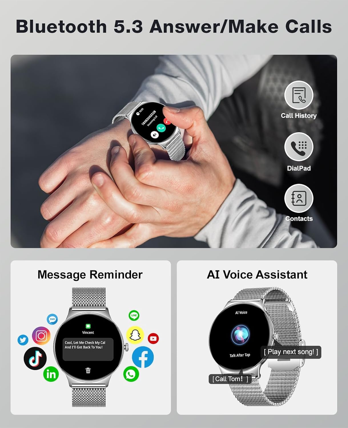 2025 Smart Watches for Women Men, 1.43" AMOLED Display Fitness Tracker with Heart Rate/Spo2/Sleep Monitor, Bluetooth Make/Answer Call, 100+ Sports Modes, IP67 Waterproof Smartwatch for Android Iphone