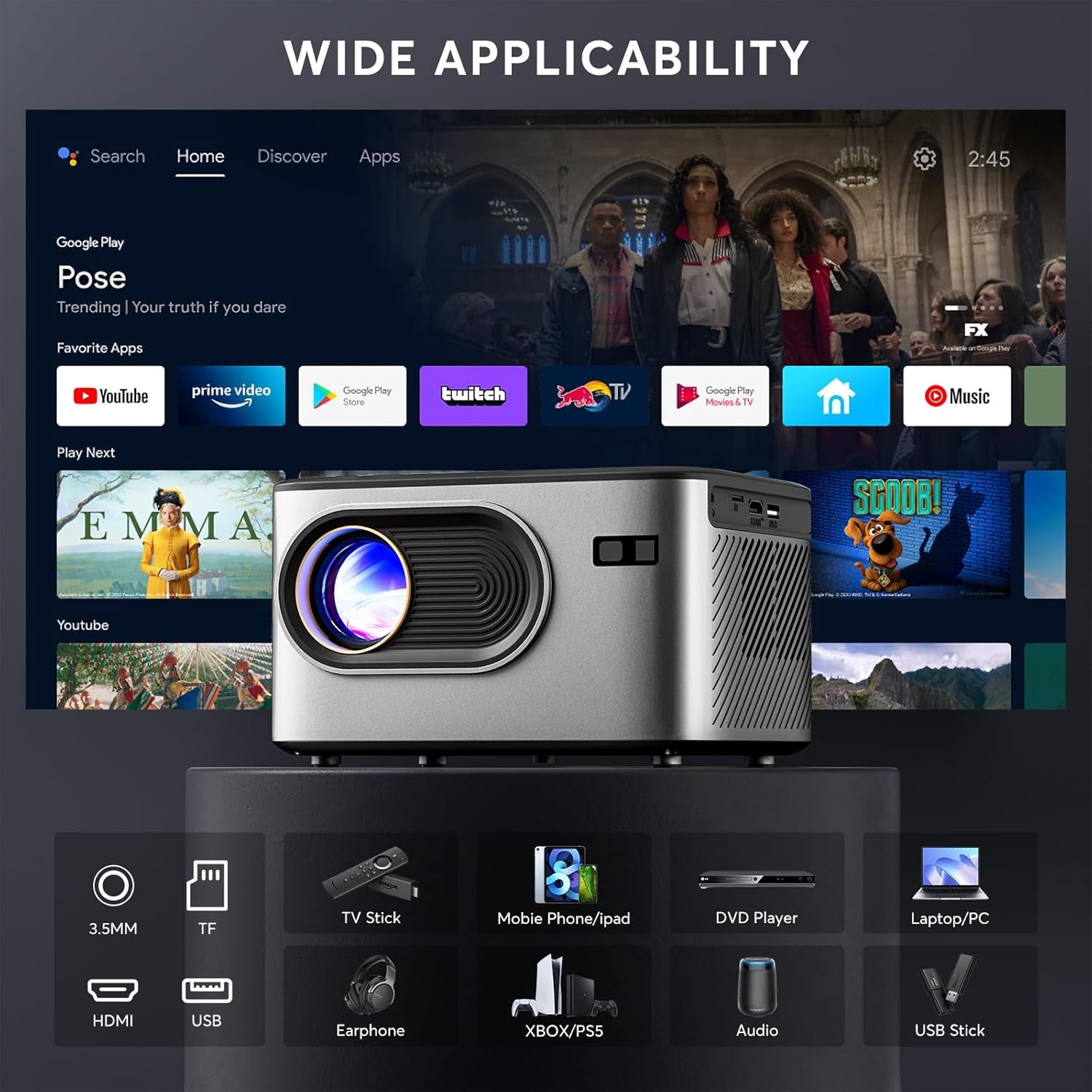 [2S Focus with Remote]  4K Projector, Native 1080P Bluetooth Projector, Portable Outdoor Movie Projector, Mini Projector for Home Theater, Compatible with Smartphone,Hdmi,Usb,Tv Stick