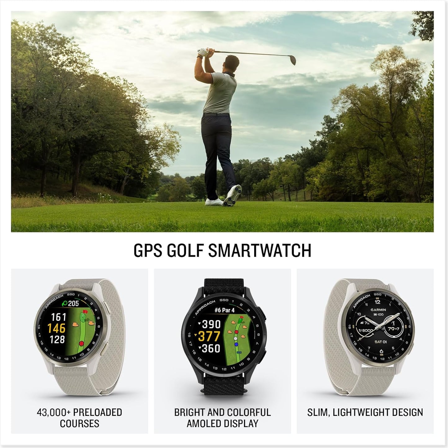 Approach® S50, Advanced Golf GPS Smartwatch, AMOLED Display, On-Course Features, Wrist-Based Heart Rate, Slate Aluminum Bezel with Black Comfortfit Nylon Band