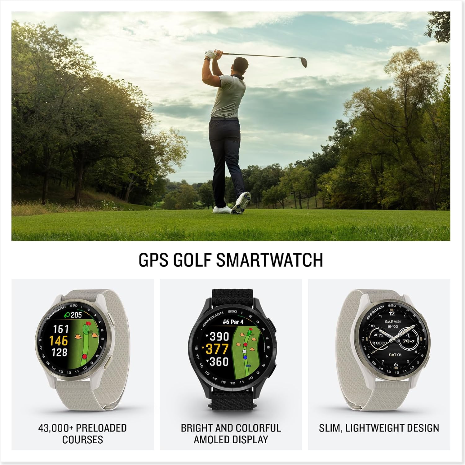 Approach® S50, Advanced Golf GPS Smartwatch, AMOLED Display, On-Course Features, Wrist-Based Heart Rate, Slate Aluminum Bezel with Black Comfortfit Nylon Band
