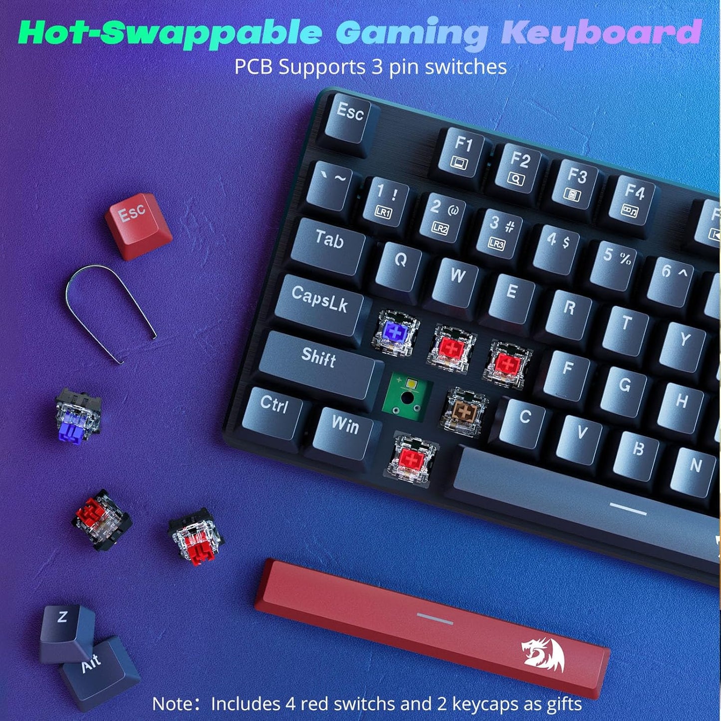 Mechanical Gaming Keyboard Wired, 11 Programmable Backlit Modes, Hot-Swappable Red Switch, Anti-Ghosting, Double-Shot PBT Keycaps, Light up Keyboard for PC Mac