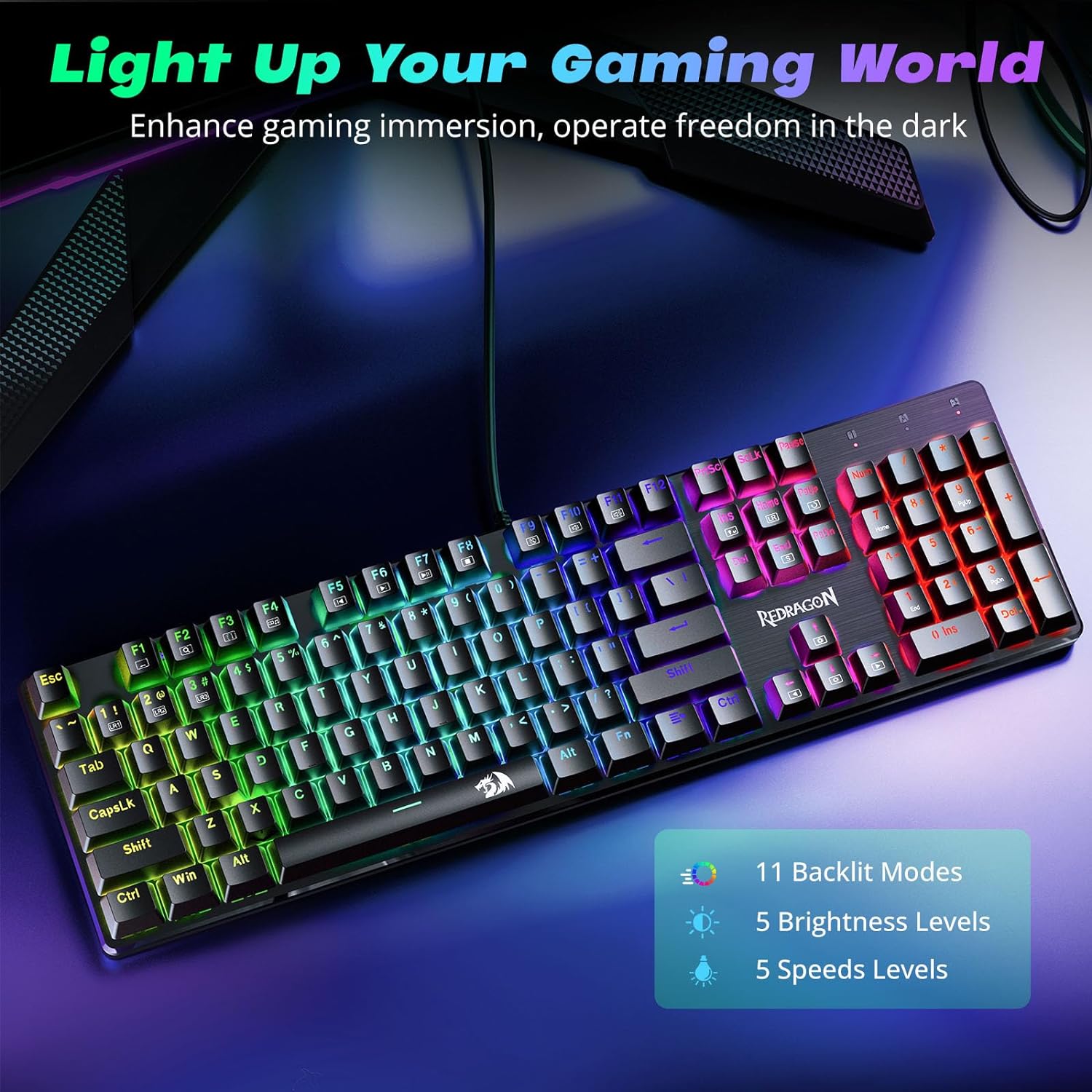 Mechanical Gaming Keyboard Wired, 11 Programmable Backlit Modes, Hot-Swappable Red Switch, Anti-Ghosting, Double-Shot PBT Keycaps, Light up Keyboard for PC Mac