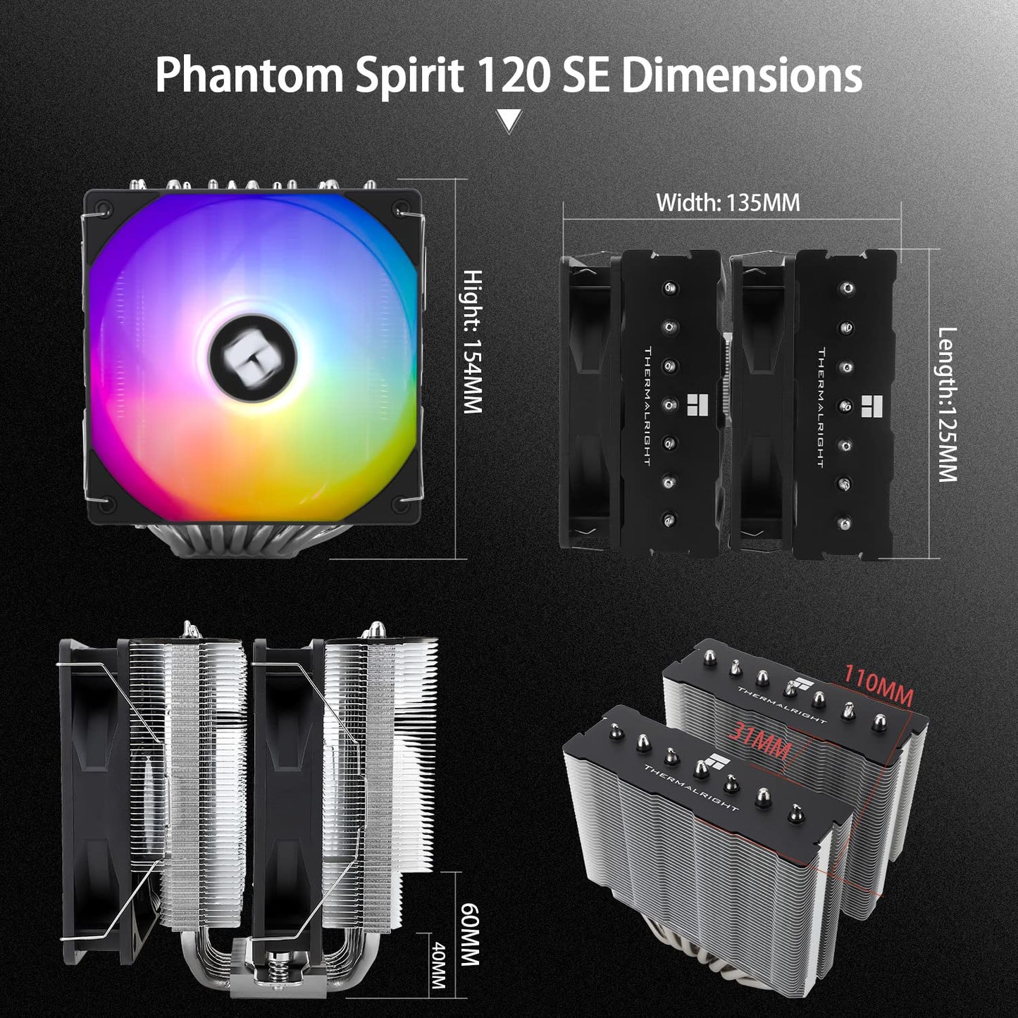 PS120SE ARGB CPU Air Cooler, 7 Heat Pipes CPU Cooler,Dual 120Mm TL-C12B-S V2 PWM Fan, AGHP 4.0 Technilogy, S-FDB Bearing, for AMD AM4 Am5/Intel 1700/1150/1151/1200, PC Cooler