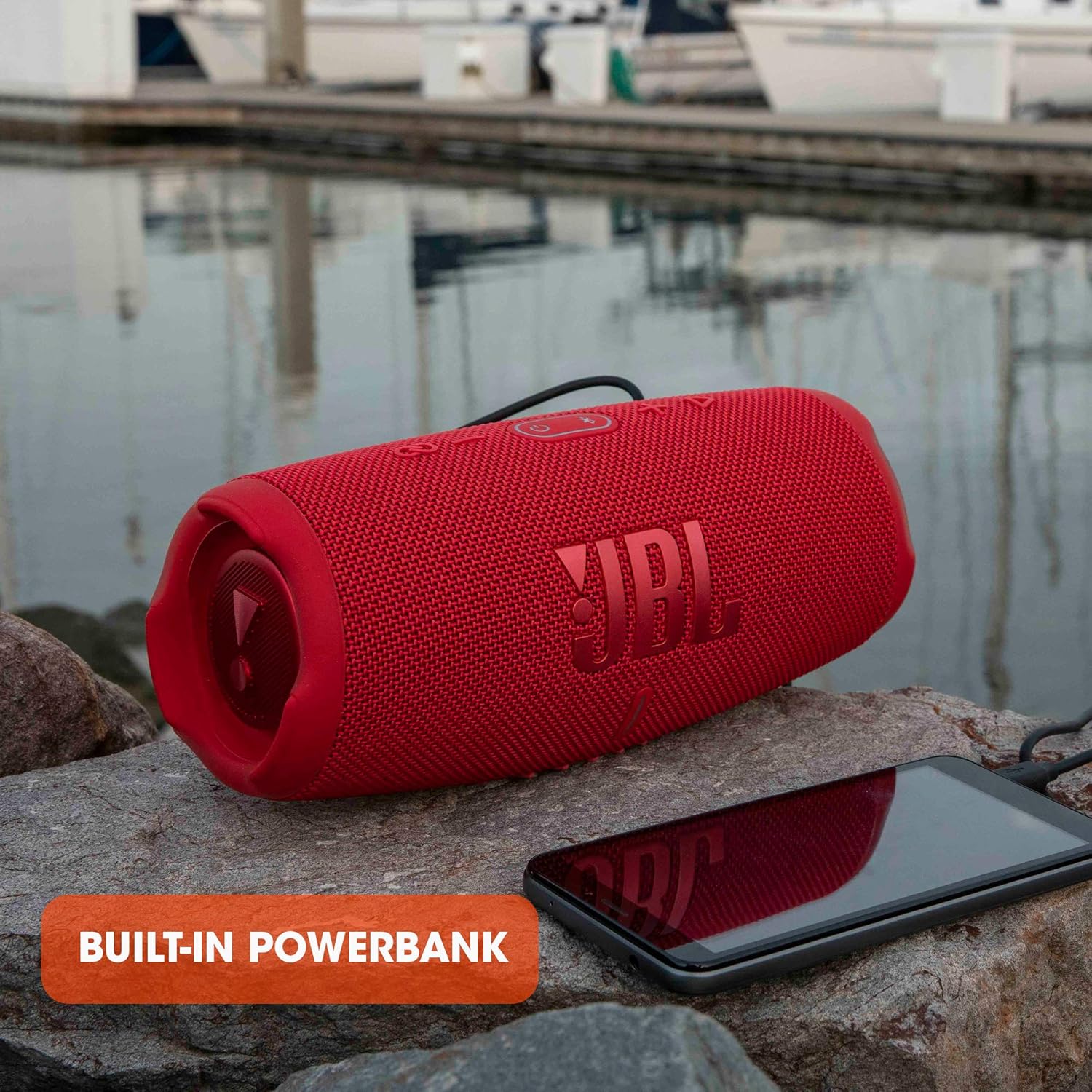 CHARGE 5 - Portable Waterproof (IP67) Bluetooth Speaker with Powerbank USB Charge Out, 20 Hours Playtime,  Partyboost (Black)
