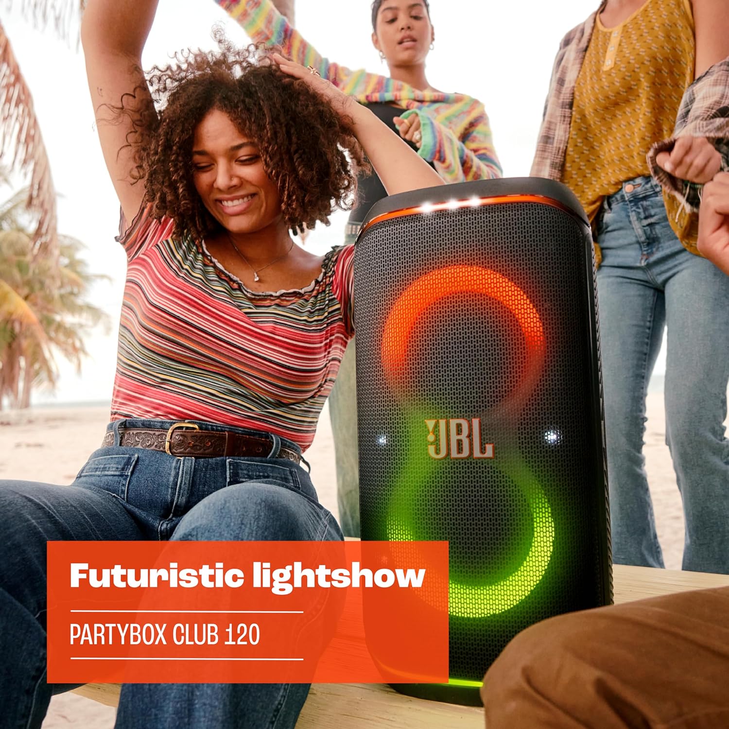 Partybox Club 120 - Portable Party Speaker with Foldable Handle, Powerful  Pro Sound, Futuristic Lightshow, up to 12 Hours of Play Time, Splash Proof, Dual Mic & Guitar Inputs (Black)